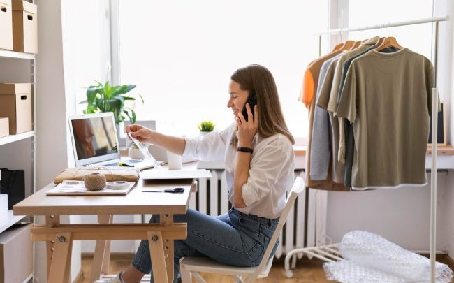 Θεματική εικόνα για το πώς να ξεκινήσω online επιχείρηση. Γυναίκα επιχειρηματίας μιλάει στο κινητό ενώ κάθεται σε γραφείο.