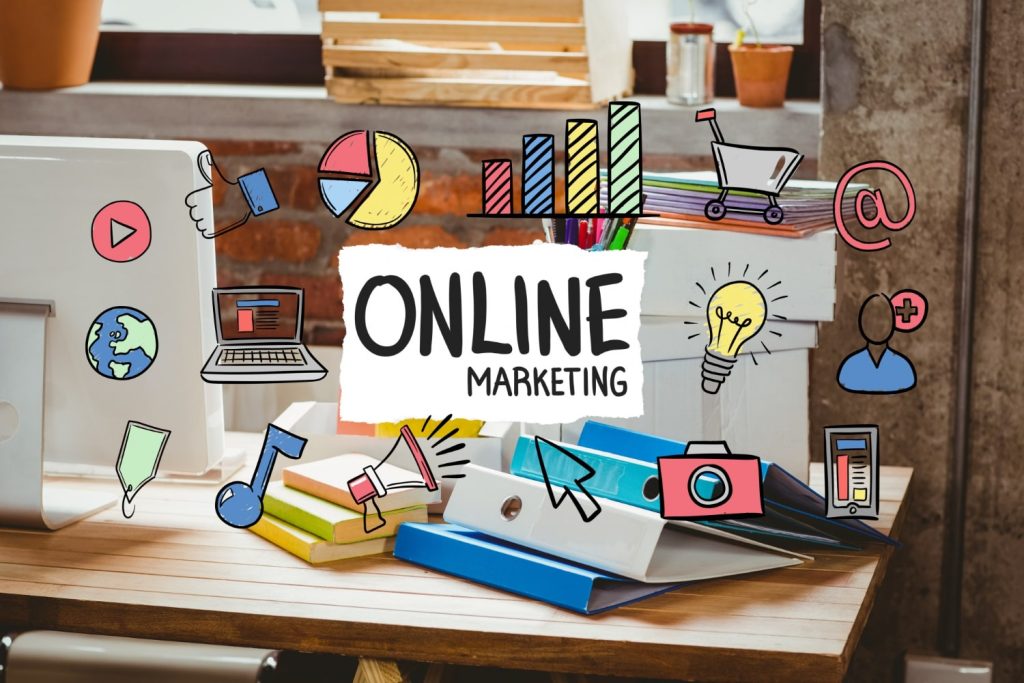 Εικονίδια σχετικά με το ψηφιακό μάρκετινγκ, με φόντο ένα γραφείο με υπολογιστή, βιβλία, ντοσιέ κ.λπ.